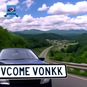An image of a smiling driver in a compact car driving through the scenic Blue Ridge Mountains with a "Welcome to Roanoke" sign in the background
