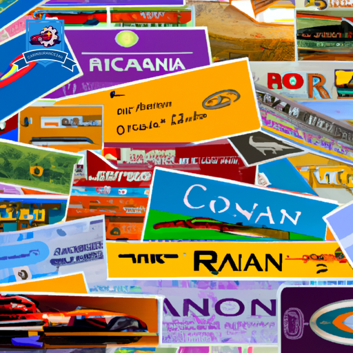 Ge of colorful price tags with various car models, insurance logos, and Ronan landmarks superimposed, creating a visual representation of affordable car insurance options in Ronan