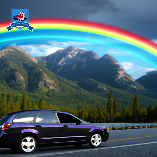 An image of a car zooming through the scenic mountains of Seeley Lake, Montana with a rainbow overhead, symbolizing affordable and reliable car insurance options available in the area