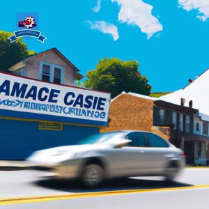 An image of a car driving through the picturesque streets of Vienna, West Virginia, with a sign in the background advertising cheap car insurance