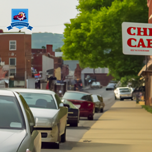 image of a small town street in Waynesboro, Virginia with a row of cars parked on the side