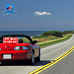 An image of a bright red convertible driving down a scenic coastal road in Westerly, Rhode Island