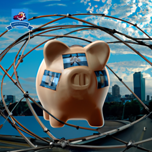 Ze a piggy bank on wheels, surrounded by a safety net, with dollar signs floating above it, all set against a backdrop of a serene cityscape under a clear sky