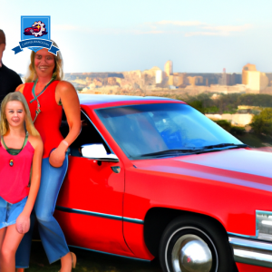 An image of a smiling family standing in front of a red car with the Aberdeen, South Dakota skyline in the background