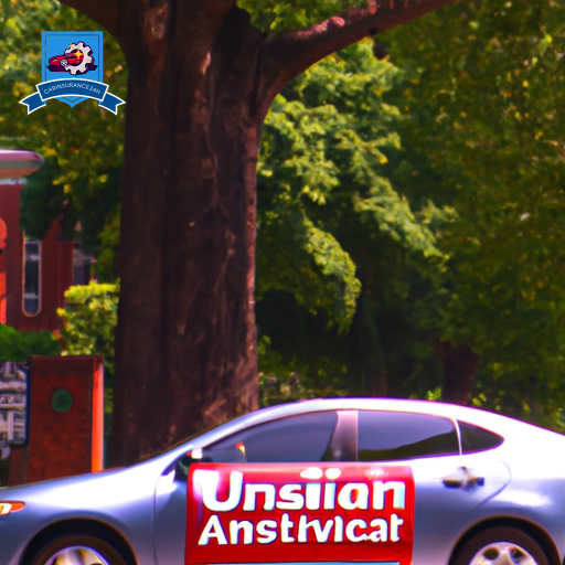 image of a car driving down a tree-lined street in Alexandria, Virginia, with a sign advertising "Cheapest Auto Insurance" in the foreground