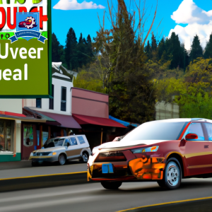 An image of a car driving through downtown Auburn, Washington with a large sign displaying "Cheapest Auto Insurance in Auburn" in bold, vibrant colors