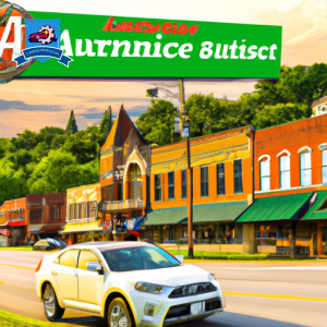 An image of a car driving through downtown Brentwood, Tennessee with a large sign that reads "Cheapest Auto Insurance" on the side of the road