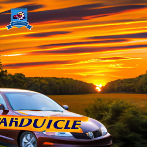 An image of a car driving through the picturesque countryside of Burrillville, Rhode Island, with a vibrant sunset in the background and a bold, eye-catching "Cheapest Auto Insurance" logo superimposed
