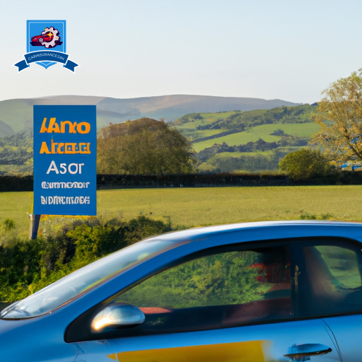 L of a car driving through the scenic countryside of Carmarthenshire, with a sign in the background advertising "Cheapest Auto Insurance in Carmarthenshire"