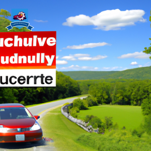 An image showcasing a car driving through the scenic countryside of Chepachet, Rhode Island, with a banner displaying "Cheapest Auto Insurance in Chepachet" draped across the scene