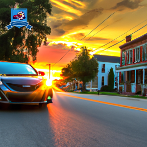image of a car driving through the historic streets of Conway, South Carolina with a vibrant sunset in the background, highlighting the affordability of auto insurance in the area