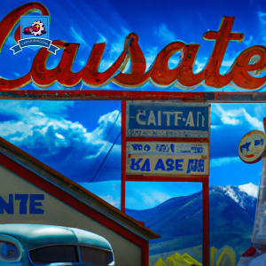 An image of a vintage gas station in Cut Bank, Montana with a neon sign advertising "Cheapest Auto Insurance