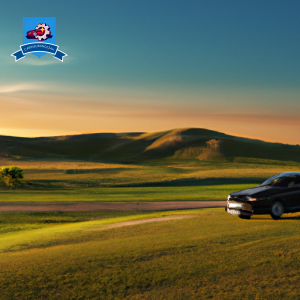 An image of a sleek black car driving through the scenic landscape of Dakota Dunes, South Dakota