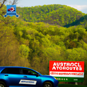 E of a car driving through the scenic mountains of Hixson, Tennessee with a sign displaying "Cheapest Auto Insurance" in bold, vibrant colors