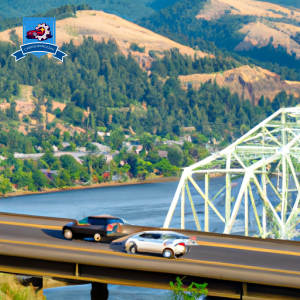 a scene of cars driving through the scenic Columbia River Gorge with the iconic Hood River Bridge in the background, symbolizing the search for the cheapest auto insurance in Hood River, Oregon