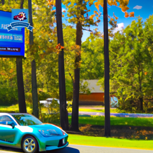 image of a car driving down a tree-lined street in Irmo, SC with a billboard advertising "Cheapest Auto Insurance in Town" in bright colors
