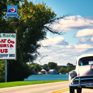 E of a vintage car driving on a scenic road in Okoboji, Iowa with a sign in the background advertising "Cheapest Auto Insurance in Okoboji"