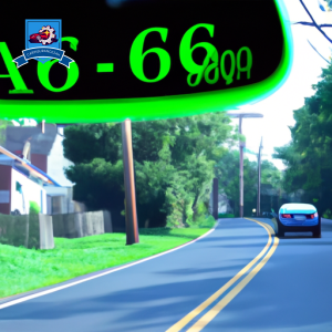 An image of a car driving through the winding streets of Parsippany, New Jersey with a bright green price tag hanging from the rearview mirror, symbolizing the cheapest auto insurance available in the area