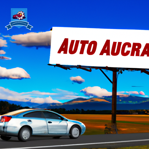 An image of a car driving through the scenic countryside of Pasco, Washington, with a large, vibrant sign displaying "Cheapest Auto Insurance" in bold letters