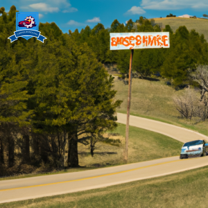 An image of a winding road through the Black Hills of Pine Ridge, South Dakota, with a car driving past a sign that reads "Cheapest Auto Insurance
