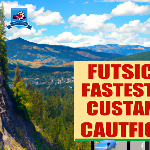An image of a car driving through the scenic mountains of Post Falls, Idaho with a large banner displaying "Cheapest Auto Insurance in Post Falls" in bold, colorful letters