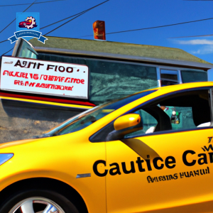 An image of a vibrant yellow car driving through the charming streets of Smithfield, Rhode Island, with a clear blue sky above and a sign displaying "Cheapest Auto Insurance" in the background