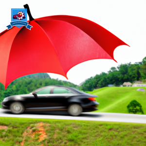 An image of a car driving through the rolling hills of Spartanburg, South Carolina with a bright red umbrella symbolizing affordable auto insurance coverage