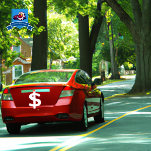 An image of a red car driving down a tree-lined street in Springfield, Virginia