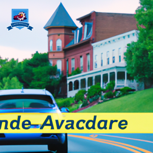 An image of a car driving through the scenic streets of Staunton, Virginia, surrounded by lush green trees and historic buildings, symbolizing affordable auto insurance options in the area