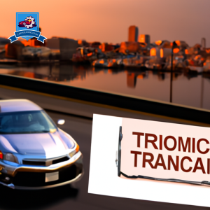 An image of a car driving through the scenic city of Tacoma, Washington, with a large insurance price tag displayed prominently in the foreground