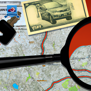 Ful collage of car keys, dollar bills, and a map of Woonsocket, Rhode Island, with a large magnifying glass hovering over the city