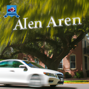 An image of a car driving past the iconic Aiken sign, surrounded by lush green trees and historic southern architecture, highlighting the affordability of car insurance in Aiken, South Carolina
