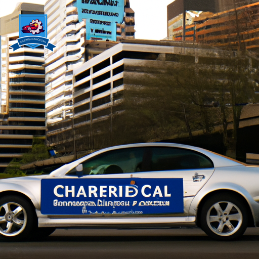 An image of a sleek silver car driving through downtown Bellevue with a large, bold "Cheapest Car Insurance in Bellevue" banner displayed on the side