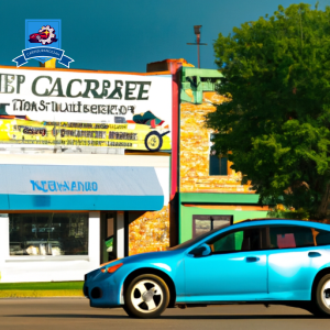 Vibrant image of a car driving down Main Street in Beresford, South Dakota, with a prominent sign displaying "Cheapest Car Insurance in Beresford" in bright colors