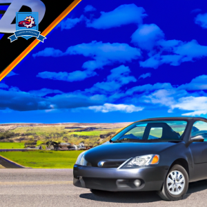 An image of a parked car in front of a scenic view of Brandon, South Dakota