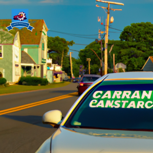 An image of a car driving down a picturesque street in Cumberland, Rhode Island, with a bright green road sign indicating "Cheapest Car Insurance" in the background