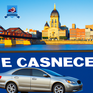 An image of a car driving through downtown Dubuque, Iowa, with a large billboard displaying "Cheapest Car Insurance in Dubuque" in bold letters