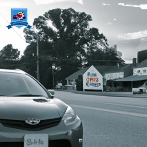 image of a car driving through the quaint streets of Easley, South Carolina, with a sign in the background advertising "Cheapest Car Insurance in Town