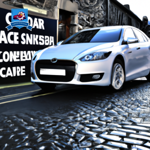 An image of a sleek, silver car parked on a cobblestone street in Falkirk, Scotland, with a sign in the background advertising "Cheapest Car Insurance"