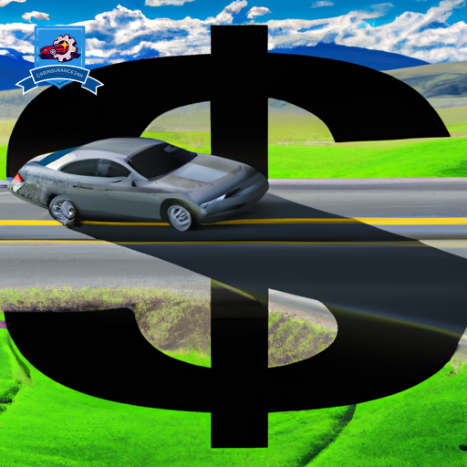 An image of a car driving through the scenic landscapes of Idaho Falls, with a shadow of a dollar sign symbolizing cheap car insurance