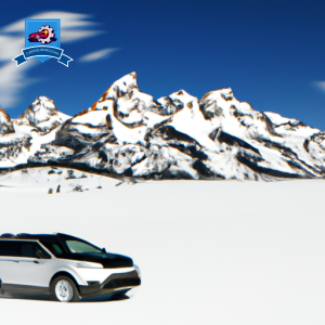 An image of a snowy mountain landscape in Jackson Hole, Wyoming with a small, economical car driving through the snow