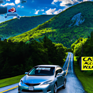 An image of a car driving through the scenic mountains of Keyser, WV with a road sign indicating "Cheapest Car Insurance in Keyser