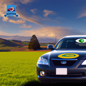 An image of a car driving through the scenic countryside of Lebanon, Oregon with a visible logo of a well-known insurance company displayed on the vehicle