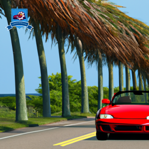 An image of a bright red convertible driving down a palm tree-lined road in Misquamicut, Rhode Island