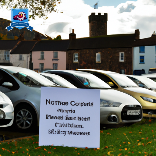 Diverse range of cars parked in front of Monmouthshire landmarks, with a banner saying "Cheapest Car Insurance in Monmouthshire" displayed prominently