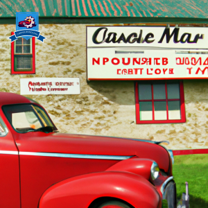 An image of a vintage red car parked in front of the iconic Pioneer Auto Museum in Murdo, South Dakota