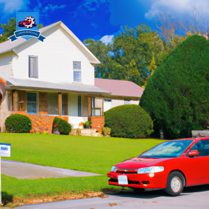 An image of a red 1998 Toyota Corolla parked in front of a quaint Paris, Tennessee home with a mailbox labeled "Cheapest Car Insurance" and a clear blue sky above
