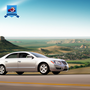 An image of a sleek, silver car driving down a scenic road in Pierre, South Dakota