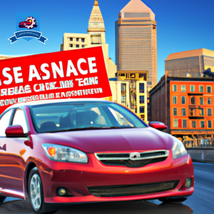 An image of a red car driving through downtown Providence, Rhode Island with a banner that reads "Cheapest Car Insurance" flying behind it
