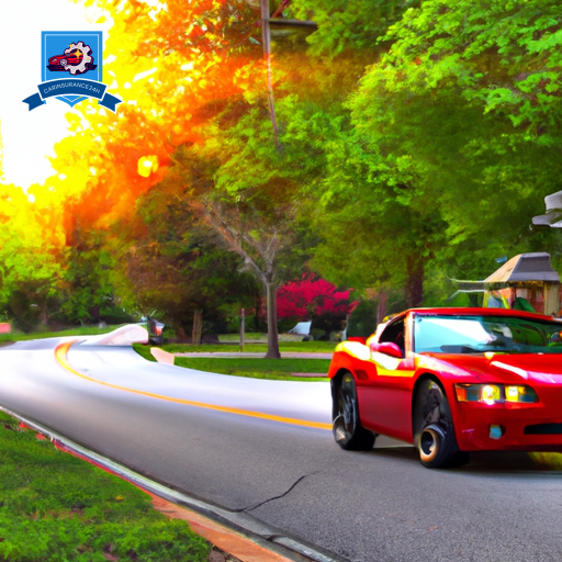 An image of a sleek, red sports car cruising through the historic streets of Stafford, Virginia with a background of lush green trees and the sun setting in the distance